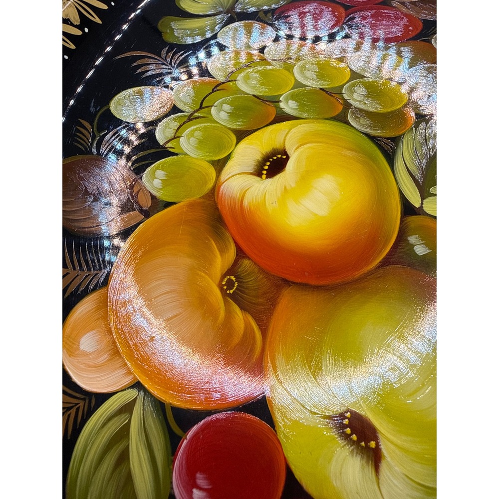 Russian Zhostovo Vintage Tole Tray Strawberry Black Gold Floral and Fruit 11.75" - Picture 6 of 10